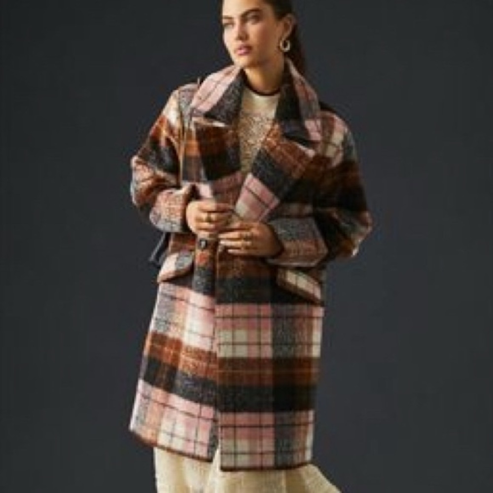 Anthropologie Bernardo Plaid Coat in Pink, Black, and Brown
